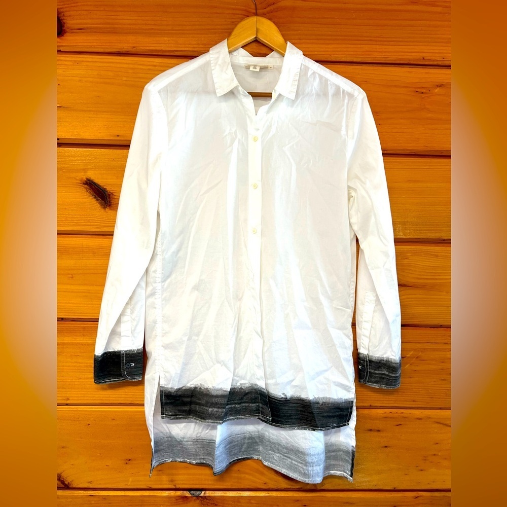 DKNY Button Down Long Sleeve Shirt Tie Dye White Grey Hi Low Stretchy Cotton M